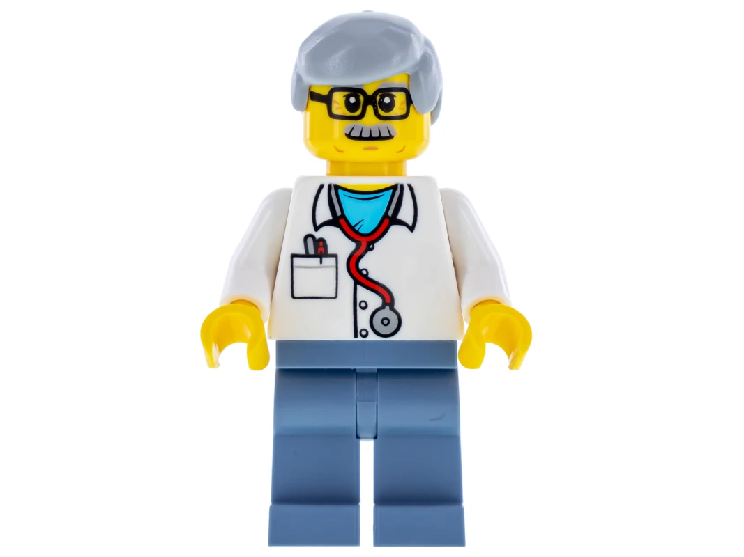 LEGO&reg; twn357 Vétérinaire Dr Jones avec des cheveux gris bleuté, des lunettes, un stéthoscope rouge et des jambes bleu sable.
