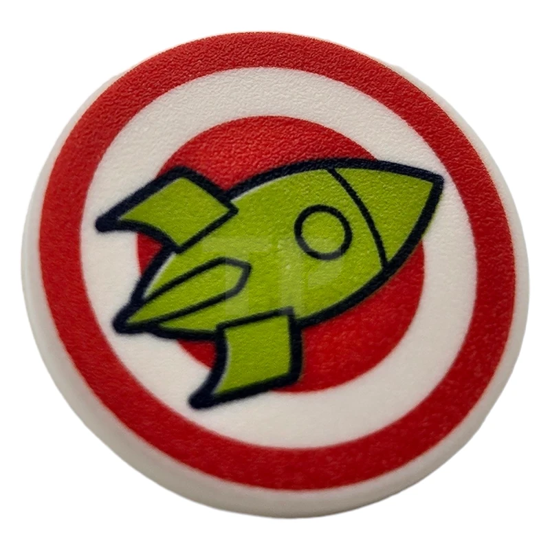 LEGO&reg; 6262838 - 30261pb039 - Road Sign Clip-on 2 x 2 Round with Red Bullseye and Lime Rocket Pattern