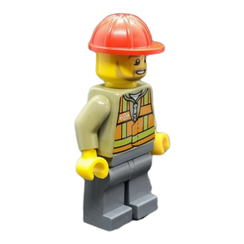 LEGO&reg; trn239 Gilet de sécurité orange clair, jambes gris bleuté foncé, casque de chantier rouge, barbe anguleuse brun clair.