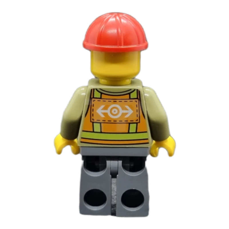 LEGO&reg; trn239 Gilet de sécurité orange clair, jambes gris bleuté foncé, casque de chantier rouge, barbe anguleuse brun clair.
