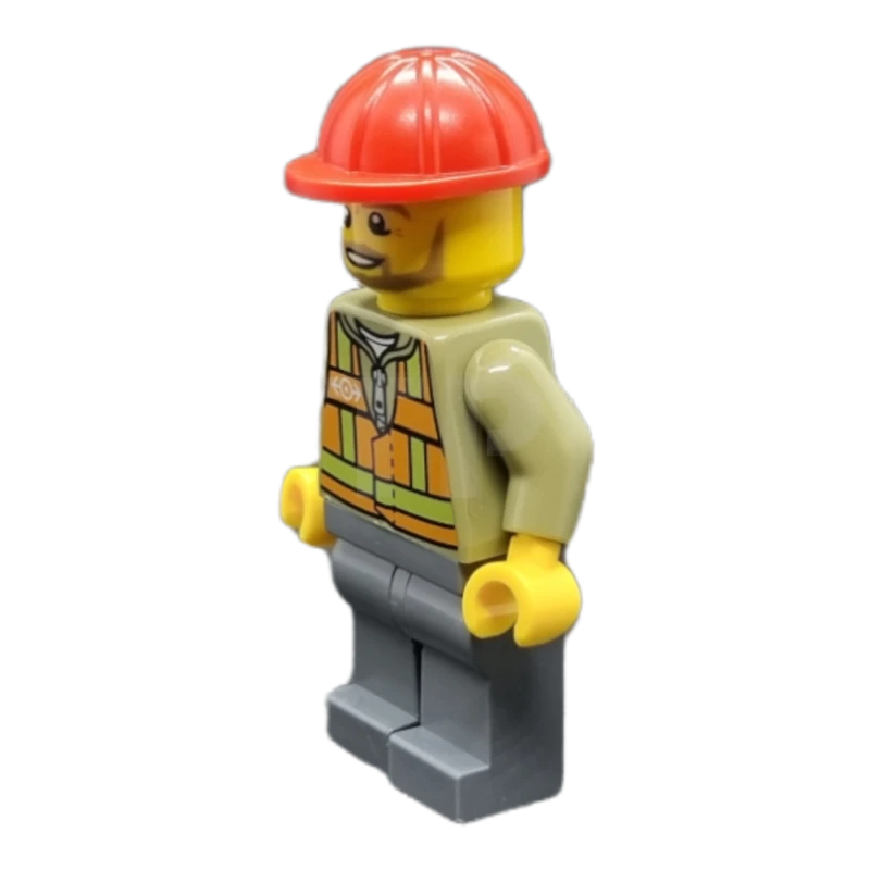 LEGO&reg; trn239 Gilet de sécurité orange clair, jambes gris bleuté foncé, casque de chantier rouge, barbe anguleuse brun clair.