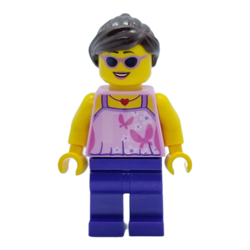 LEGO&reg; hol083 Meisje, felroze top met vlinders en bloemen, donkerpaarse benen, donkerbruine paardenstaart en zwierige zijwaartse franje