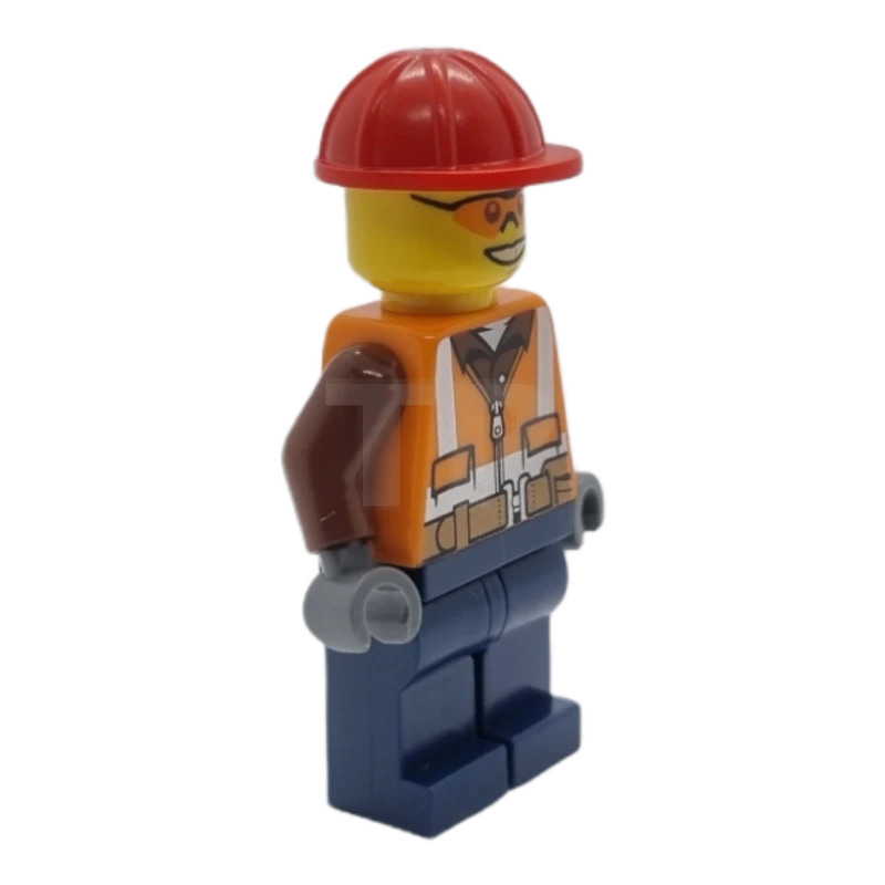 LEGO&reg; cty0584 Construction Worker - Orange Zipper, Safety Stripes and Belt over Brown Shirt, Dark Blue Legs, Red Construction Helmet, Orange Sunglasses
