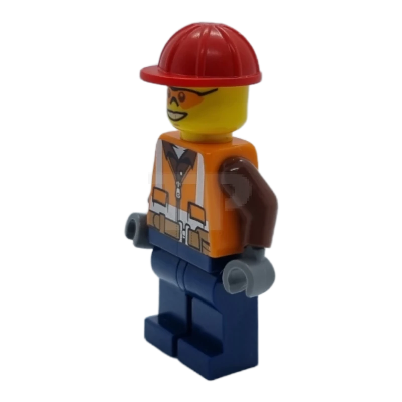 LEGO&reg; cty0584 Construction Worker - Orange Zipper, Safety Stripes and Belt over Brown Shirt, Dark Blue Legs, Red Construction Helmet, Orange Sunglasses