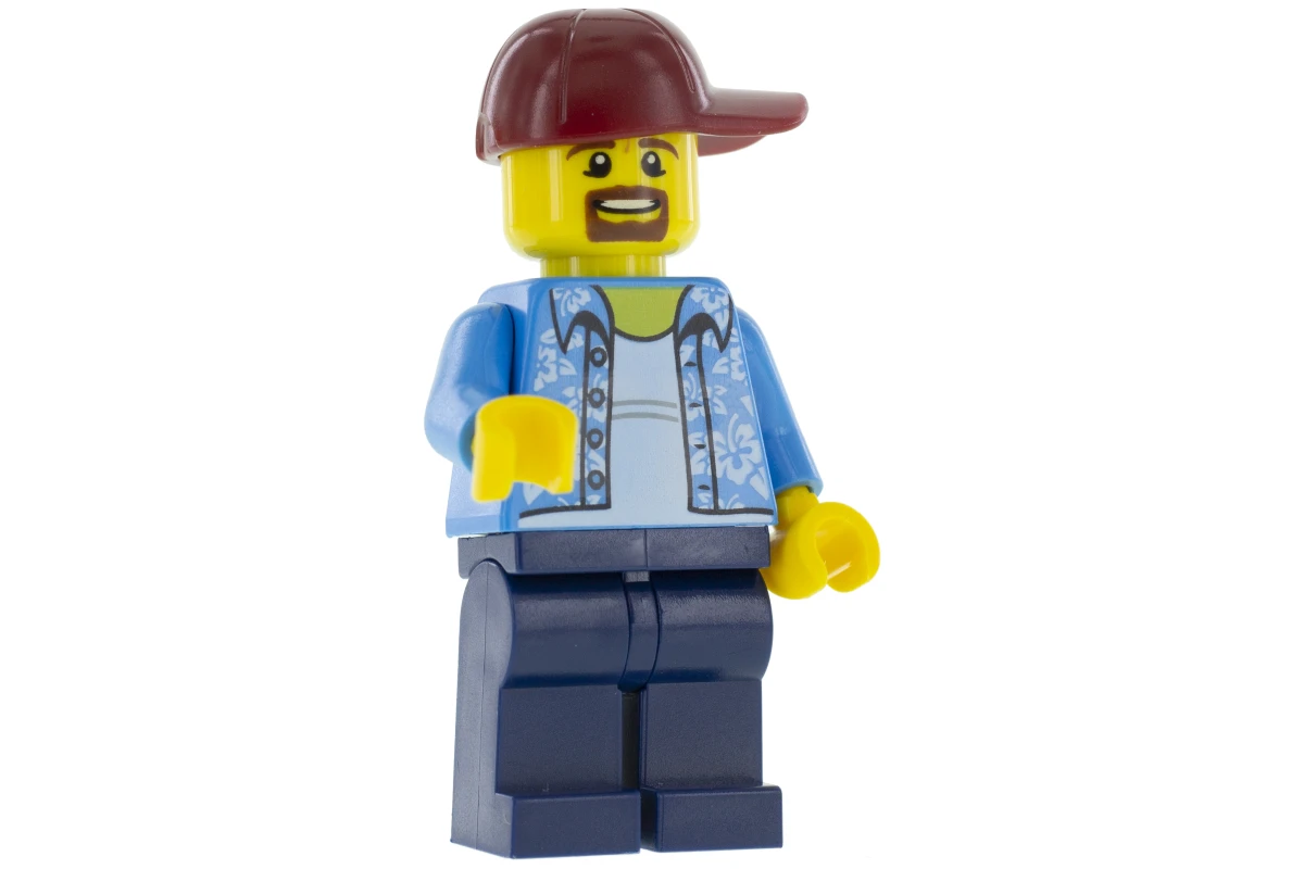 LEGO&reg; twn369 Man with Hawaiian Shirt, Dark Blue Legs, Dark Red Cap