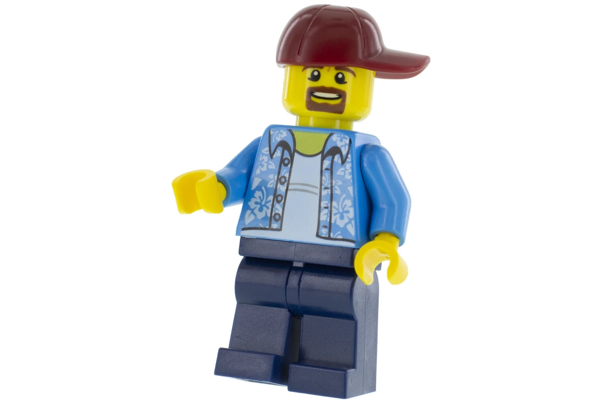 LEGO&reg; twn369 Man with Hawaiian Shirt, Dark Blue Legs, Dark Red Cap