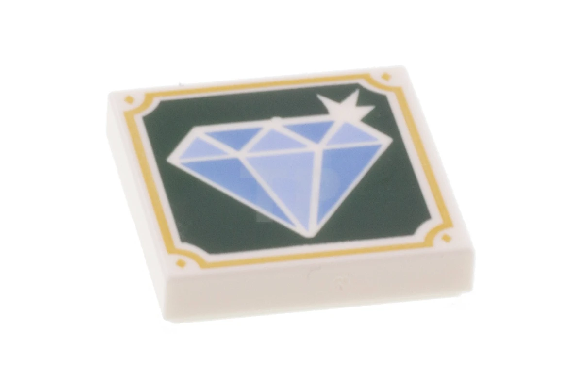 LEGO&reg; 3068pb1323 - 6287991 - Tile 2 x 2 with Groove with Sparkling Medium Blue and Light Blue Diamond Jewel with White Outline on Dark Green Background with Gold Frame Pattern