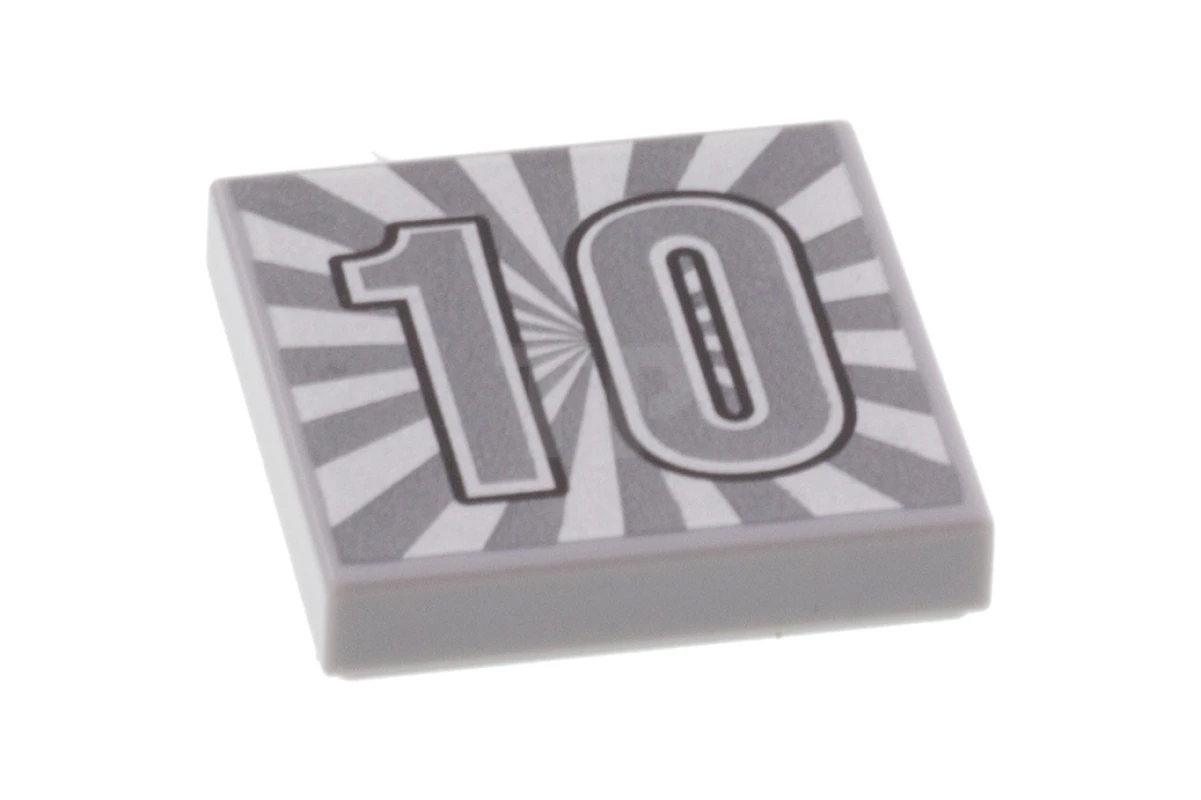 LEGO&reg; 6306268 - 3068pb1321 - Piastrelle 2 x 2 con scanalatura con numero '10' in argento e motivo a raggiera