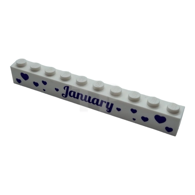 LEGO&reg; 6029897 - 6111pb015 - Brick 1 x 10 with Dark Purple 'January' and 'February' Pattern on Opposite Sides