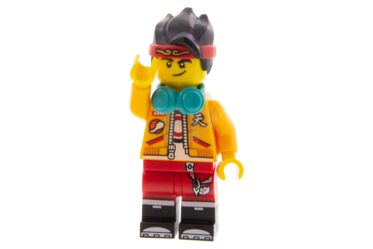 LEGO&reg; mk001 Monkie Kid - Leuchtend orangefarbene Jacke, Kopfhörer (Grinsen / Wütend)