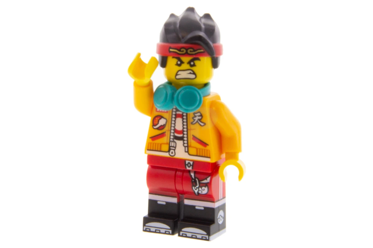 LEGO&reg; mk001 Monkie Kid - Leuchtend orangefarbene Jacke, Kopfhörer (Grinsen / Wütend)