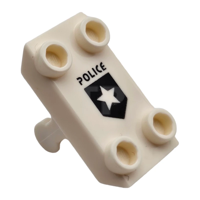 LEGO&reg; 6324148 - 30166pb02 - Plate, Modified 2 x 3 Inverted with 4 Studs and Bar Handle on Bottom - Closed Ends (Rocker Plate), Black 'POLICE' and Shield with Star (Badge) Pattern