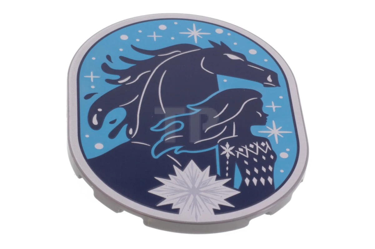 LEGO&reg; 6333418 - 65474pb06 - Tegel, rond 6 x 8 ovaal met donkerblauw Nokk, Elsa op medium azuurblauwe achtergrond, sterren en ijskristalpatroon
