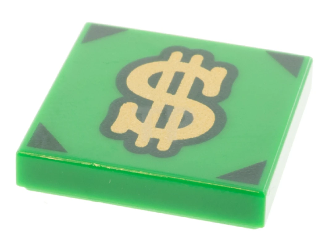 LEGO&reg; 6336807 - 3068pb1735 - Tile 2 x 2 with Groove with Gold Dollar Sign and Dark Green Corners Pattern