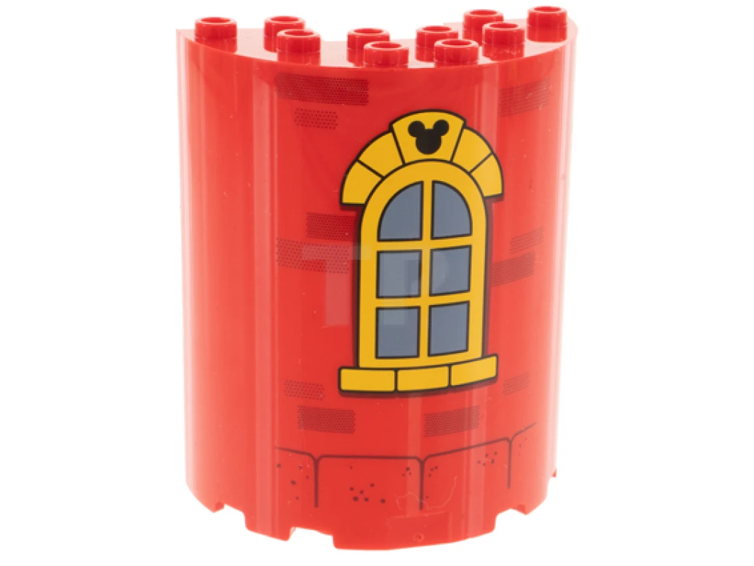 LEGO&reg; 87926pb020 - 6342619 - Cylinder Half 3 x 6 x 6 with 1 x 2 Cutout with Curved Yellow Window with Bricks and Mickey Mouse Logo Pattern