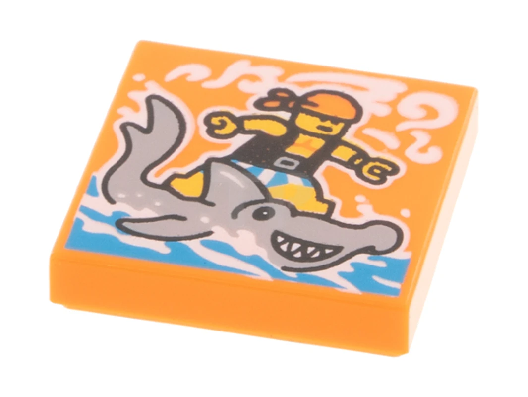 LEGO&reg; 6341647 - 3068pb1772 - Tile 2 x 2 with Groove with BeatBit Album Cover - Pirate Surfing on Hammerhead Shark Pattern