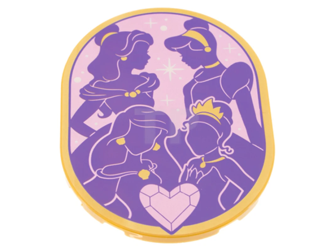 LEGO&reg; 6354183 - 65474pb07 - Fliese, Rund 6 x 8 Oval mit dunkelvioletter Belle, Aschenputtel, Arielle und Tiana mit Goldrand auf metallisch rosa Hintergrund, Herz-Juwelen-Muster