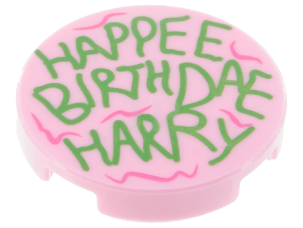 LEGO&reg; 6341786 - 14769pb459 - Fliese 2 x 2 Rund mit unterem O und 'HAPPEE BIRTHDAE HARRY' Muster