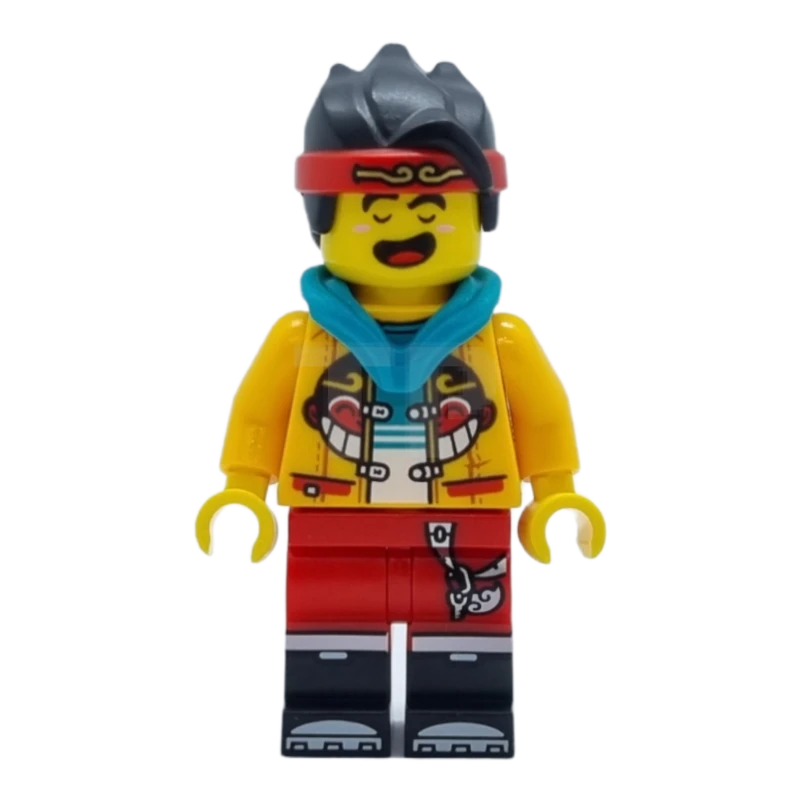 LEGO&reg; mk053 Monkie Kid - Bright Light Orange Open Jacket with Monkey Head Logo, Dark Turquoise Hood, Fierce / Happy