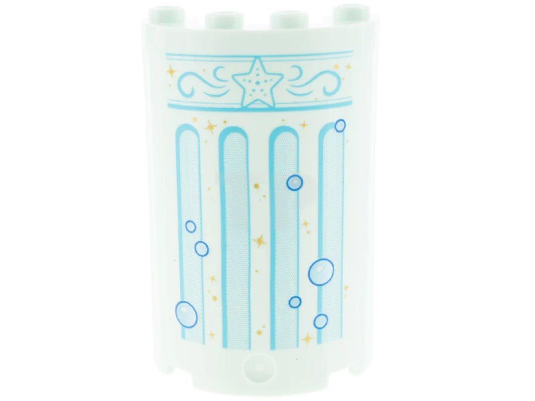 LEGO&reg; 85941pb024 - 6380342 - Cylinder Half 2 x 4 x 5 with 1 x 2 Cutout with Medium Azure Star, Filigree, and Columns, Gold Sparkles, Metallic Light Blue Bubbles Pattern