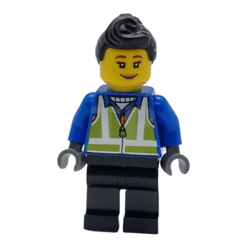 LEGO&reg; hol279 Vrouw, Zwart haar, Blauwe jas, Lime veiligheidsvest, Zwarte benen