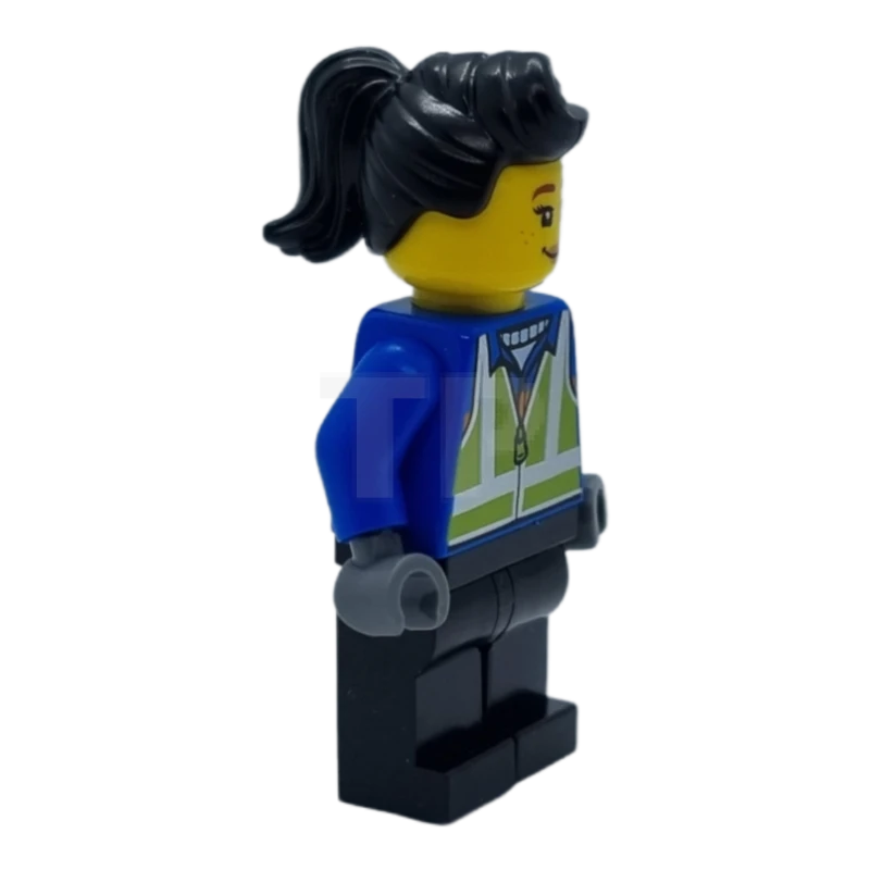LEGO&reg; hol279 Vrouw, Zwart haar, Blauwe jas, Lime veiligheidsvest, Zwarte benen