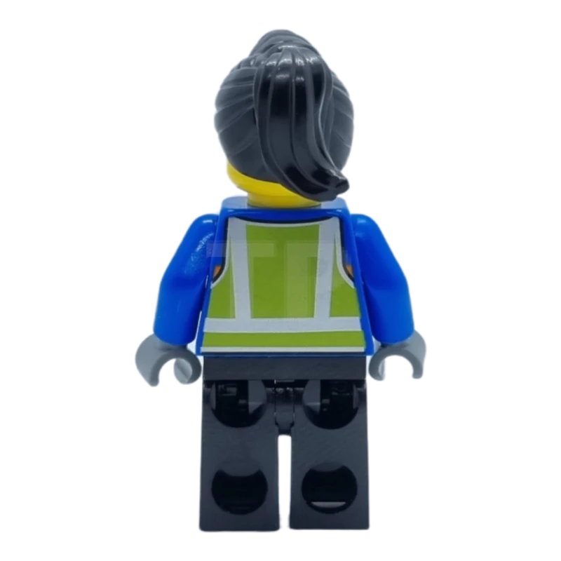 LEGO&reg; hol279 Vrouw, Zwart haar, Blauwe jas, Lime veiligheidsvest, Zwarte benen
