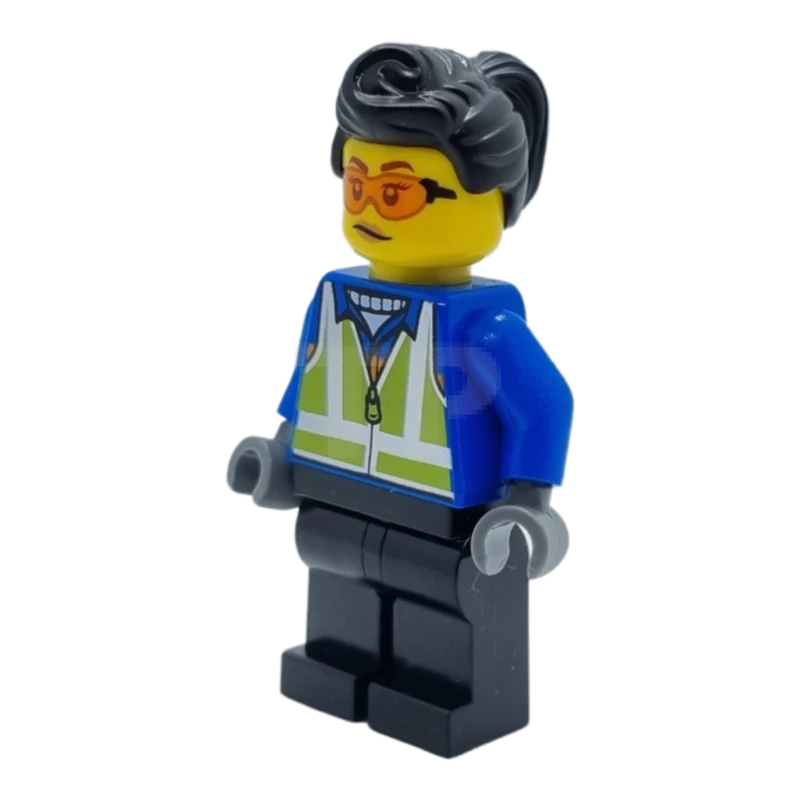LEGO&reg; hol279 Vrouw, Zwart haar, Blauwe jas, Lime veiligheidsvest, Zwarte benen