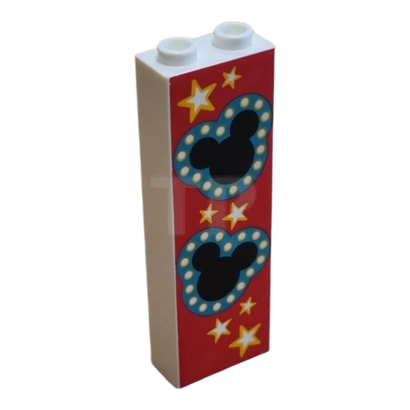 LEGO&reg; 6375559 - 2454pb216 - Brick 1 x 2 x 5 with Black Mickey Mouse Logos with Dark Turquoise Border and Yellow and White Stars on Red Background Pattern