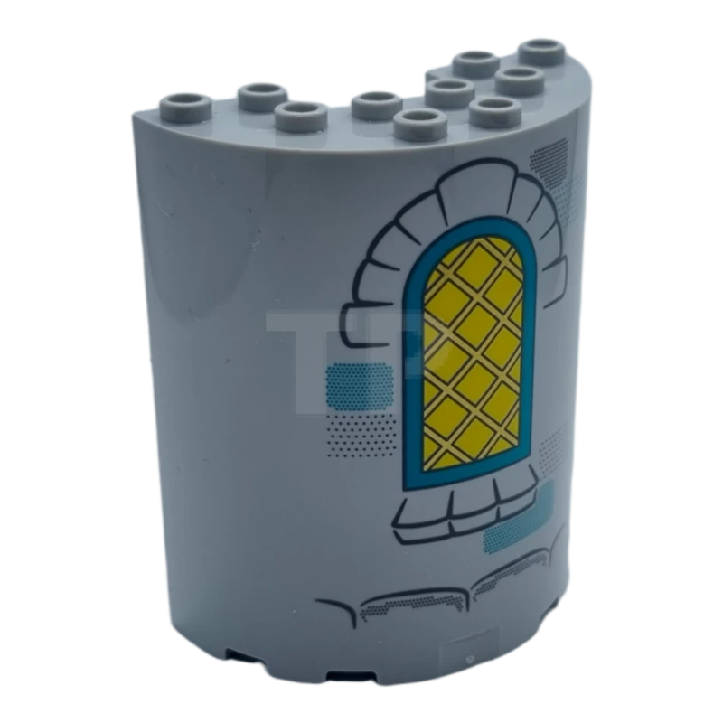 LEGO&reg; 6386359 - 87926pb025 - Cylinder Half 3 x 6 x 6 with 1 x 2 Cutout with Yellow Curved Lattice Window with Dark Turquoise Frame and Dark Bluish Gray Bricks Pattern