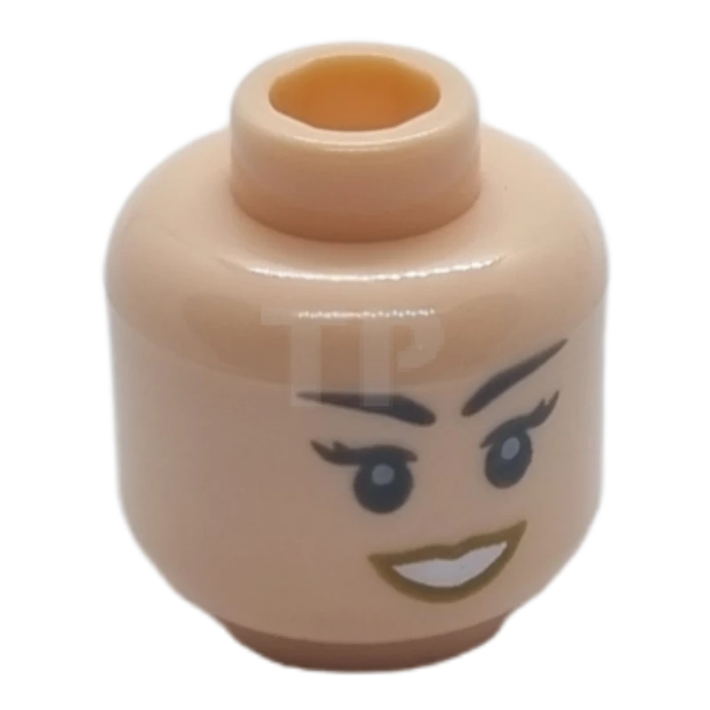 LEGO&reg; 6343013 - 3626cpb2811 - Minifigure, Head Female, Hazy Black Eyebrows and Eyes, Dark Tan Lips, Open Smile Pattern - Hollow Stud