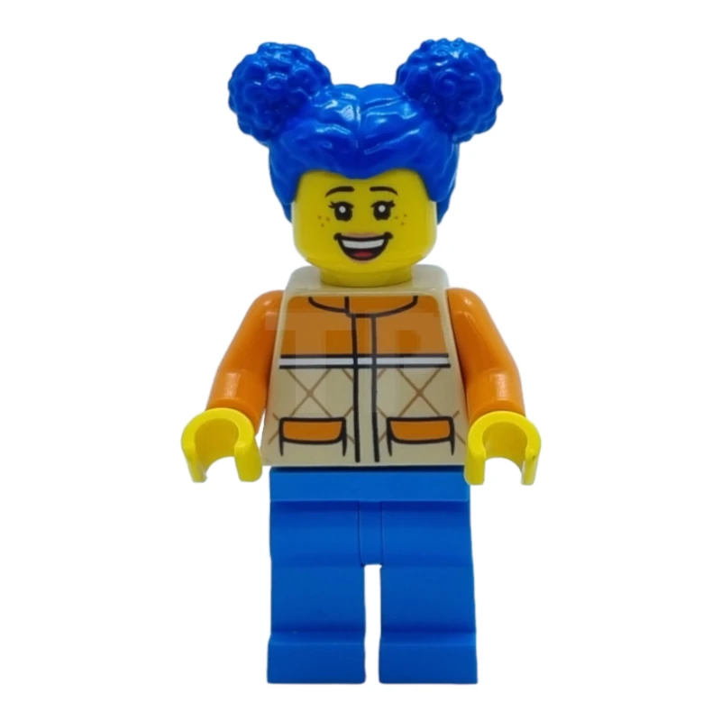 LEGO&reg; cty1439 Woman - Tan and Orange Quilted Vest, Dark Azure Legs, Blue Pigtails, Freckles