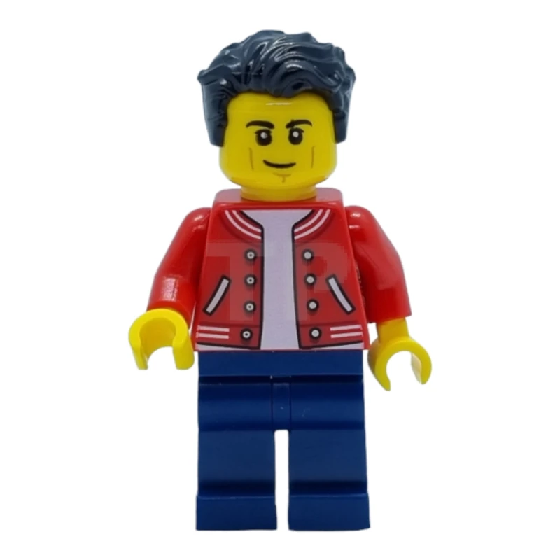 LEGO&reg; cty1440 Man - Red Jacket, Dark Blue Legs, Black Hair, Smirk and Cheek Lines
