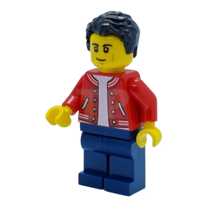 LEGO&reg; cty1440 Man - Red Jacket, Dark Blue Legs, Black Hair, Smirk and Cheek Lines
