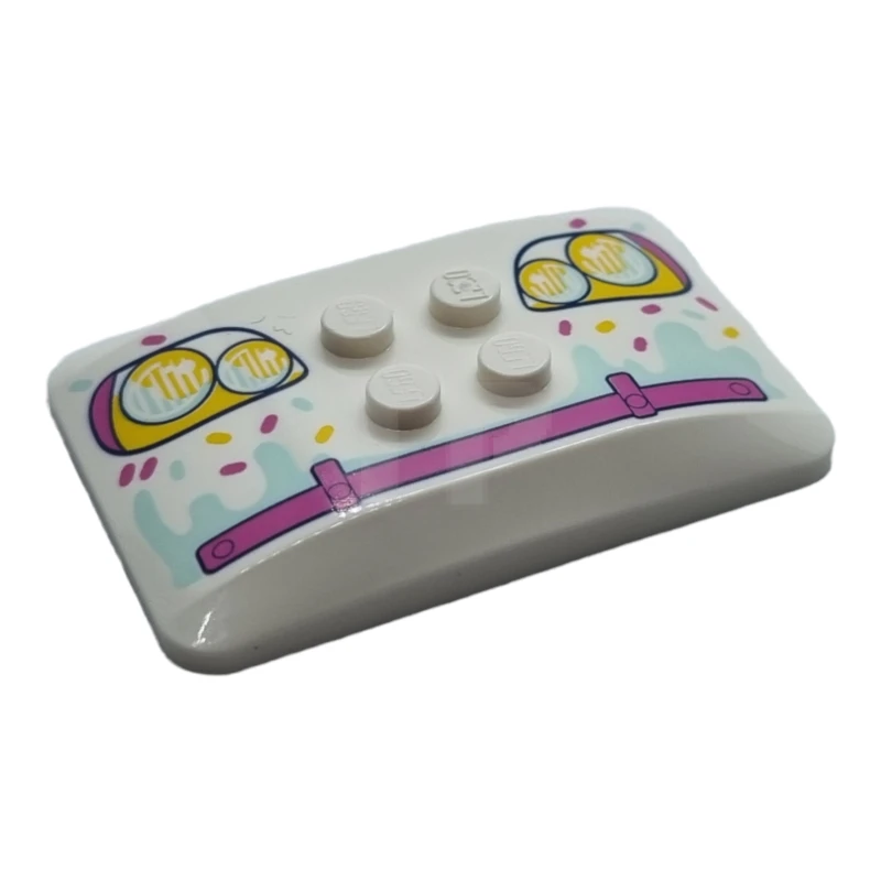 LEGO&reg; 6373426 - 98281pb018 - Wedge 6 x 4 x 2/3 Quad Curved with Yellow and Dark Pink Headlights, Bumper, Light Aqua Icing Drips, and Sprinkles Pattern