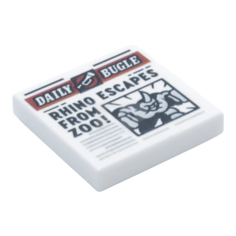 LEGO&reg; 6533476 - 3068pb1728 - Tile 2 x 2 with Groove with Newspaper 'DAILY BUGLE' and 'RHINO ESCAPES FROM ZOO!' Pattern