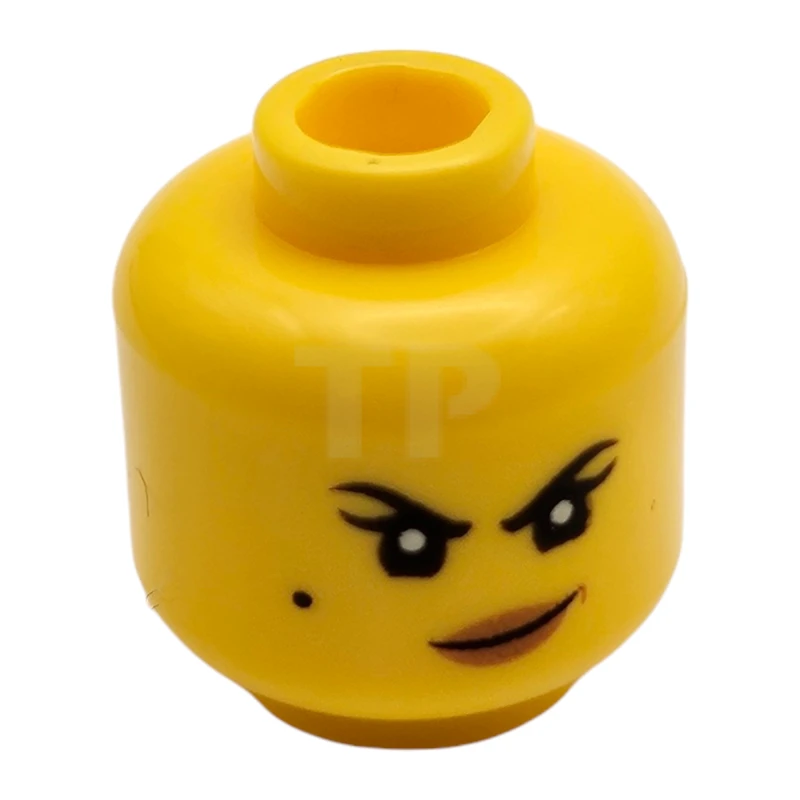 LEGO&reg; 6192332 - 3626cpb1888 - Minifigure, Head Dual Sided Female Black Eyebrows, Beauty Mark, Dark Tan Lips, Crooked Smile / Scowl Pattern (Nya) - Hollow Stud