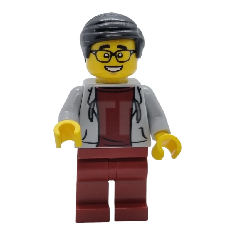LEGO&reg; hol274 Man, zwart haar, bril, licht blauwgrijze capuchon, donkerrood shirt en benen