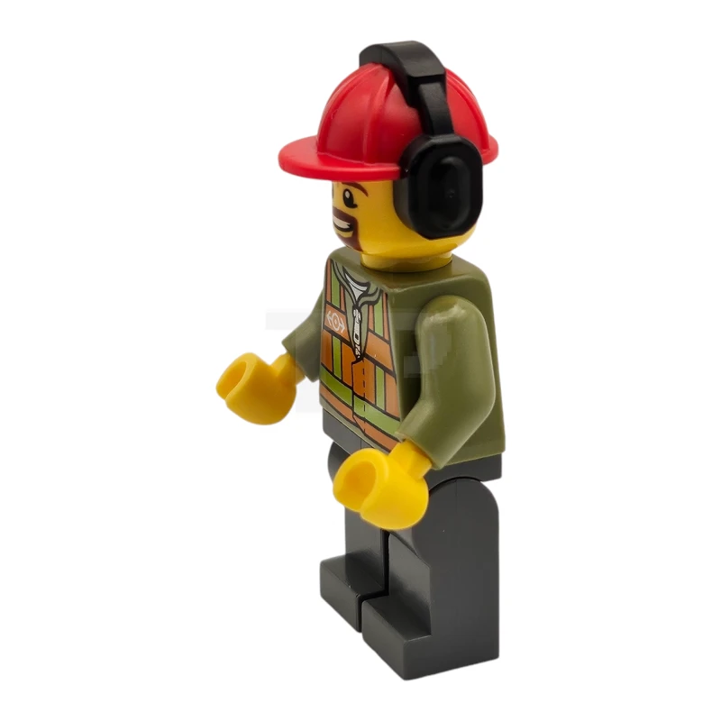 LEGO&reg; trn238 Gilet de sécurité orange clair, jambes gris bleuté foncé, casque de chantier rouge avec oreillette, moustache et bouc bruns.