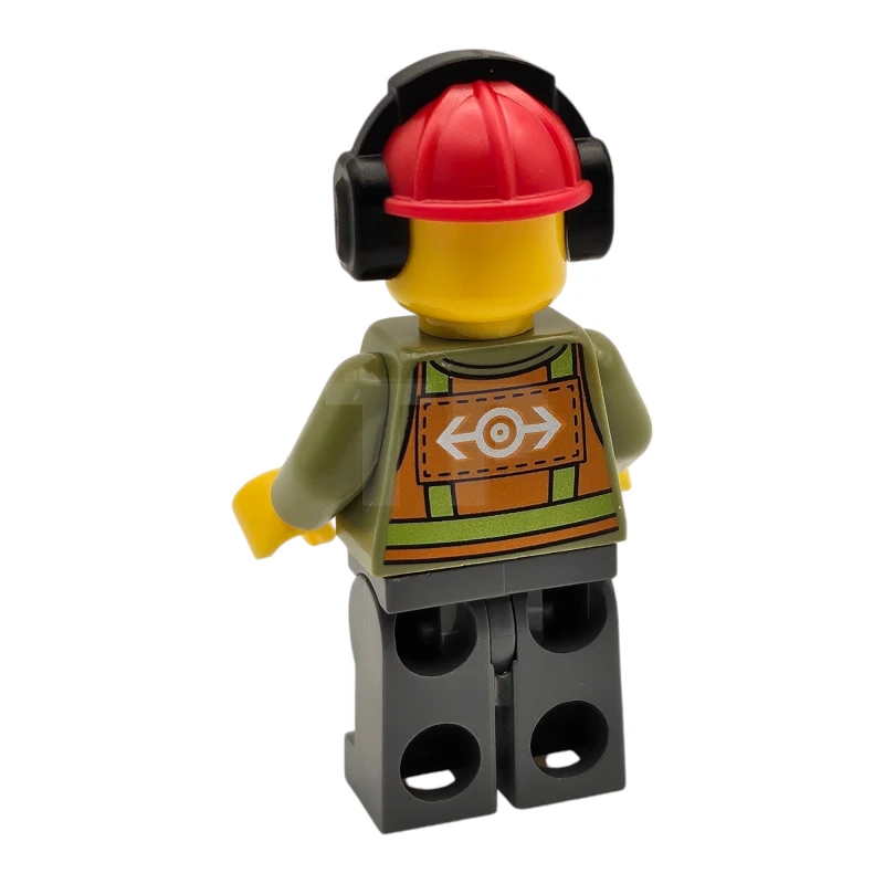 LEGO&reg; trn238 Gilet de sécurité orange clair, jambes gris bleuté foncé, casque de chantier rouge avec oreillette, moustache et bouc bruns.