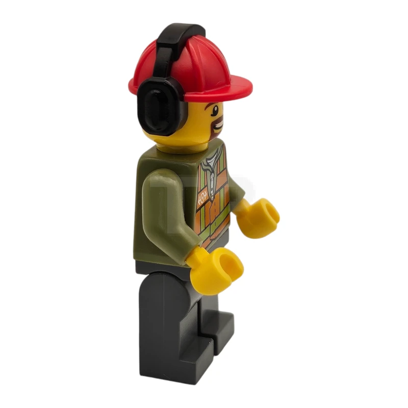 LEGO&reg; trn238 Gilet de sécurité orange clair, jambes gris bleuté foncé, casque de chantier rouge avec oreillette, moustache et bouc bruns.