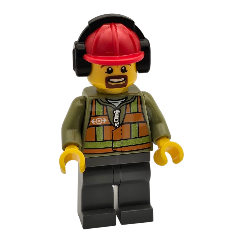 LEGO&reg; trn238 Gilet de sécurité orange clair, jambes gris bleuté foncé, casque de chantier rouge avec oreillette, moustache et bouc bruns.
