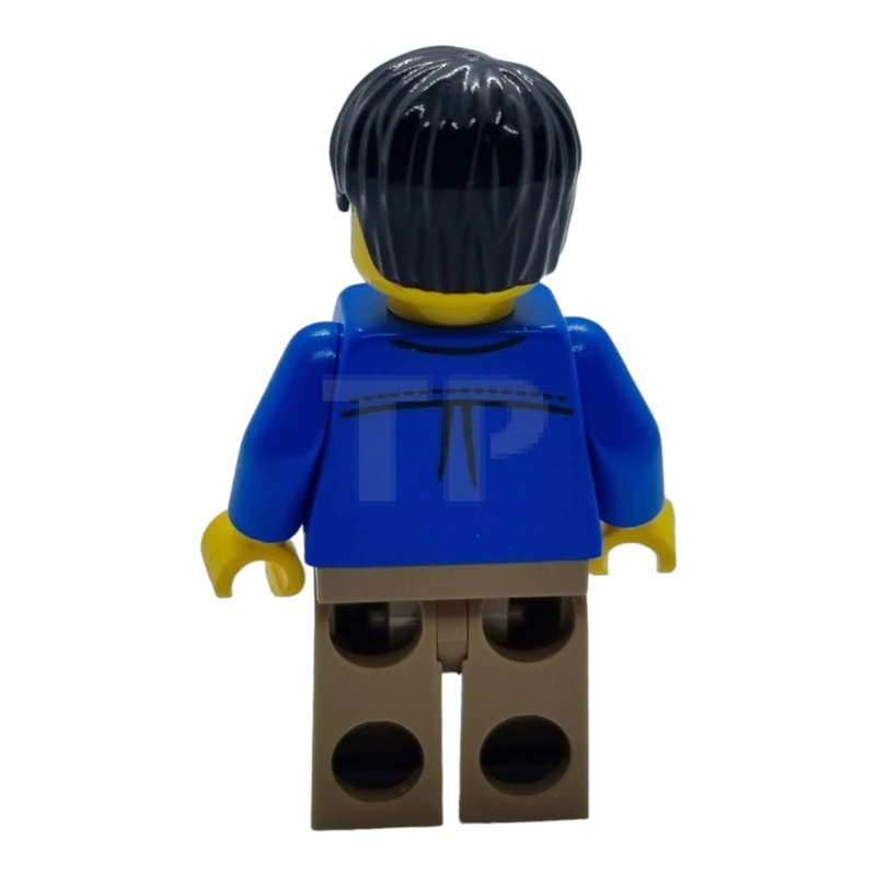 LEGO&reg; hol282 Homme, cheveux noirs, veste bleue, chemise rouge foncé, jambes bronzées.