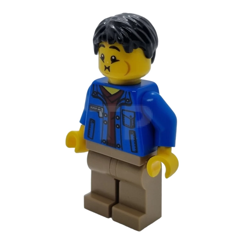 LEGO&reg; hol282 Homme, cheveux noirs, veste bleue, chemise rouge foncé, jambes bronzées.