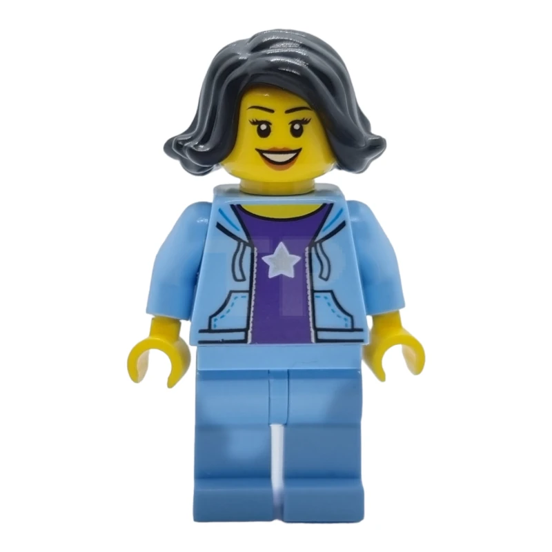 LEGO&reg; hol261 Vrouw, Zwart Haar, Heldere Lichtblauwe Jas, Donkerpaars Sterrenshirt, Heldere Lichtblauwe Benen