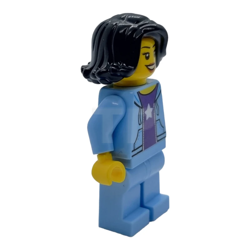 LEGO&reg; hol261 Vrouw, Zwart Haar, Heldere Lichtblauwe Jas, Donkerpaars Sterrenshirt, Heldere Lichtblauwe Benen