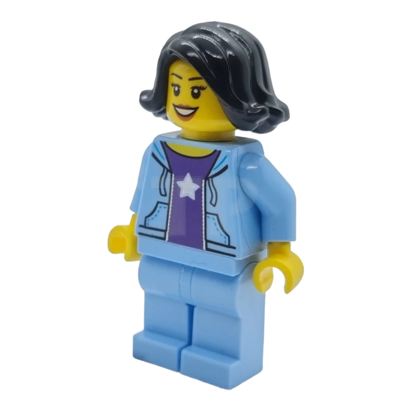 LEGO&reg; hol261 Vrouw, Zwart Haar, Heldere Lichtblauwe Jas, Donkerpaars Sterrenshirt, Heldere Lichtblauwe Benen