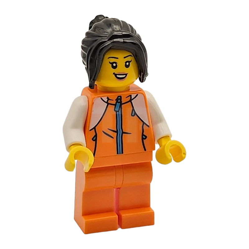 LEGO&reg; hol266 Vrouw, oranje trainingspak, lang zwart haar