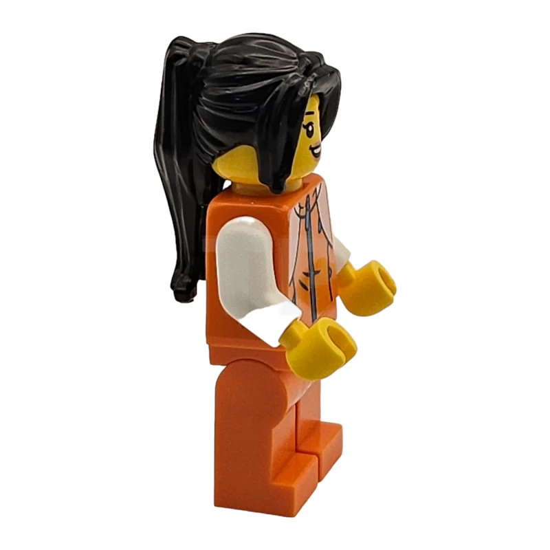 LEGO&reg; hol266 Vrouw, oranje trainingspak, lang zwart haar