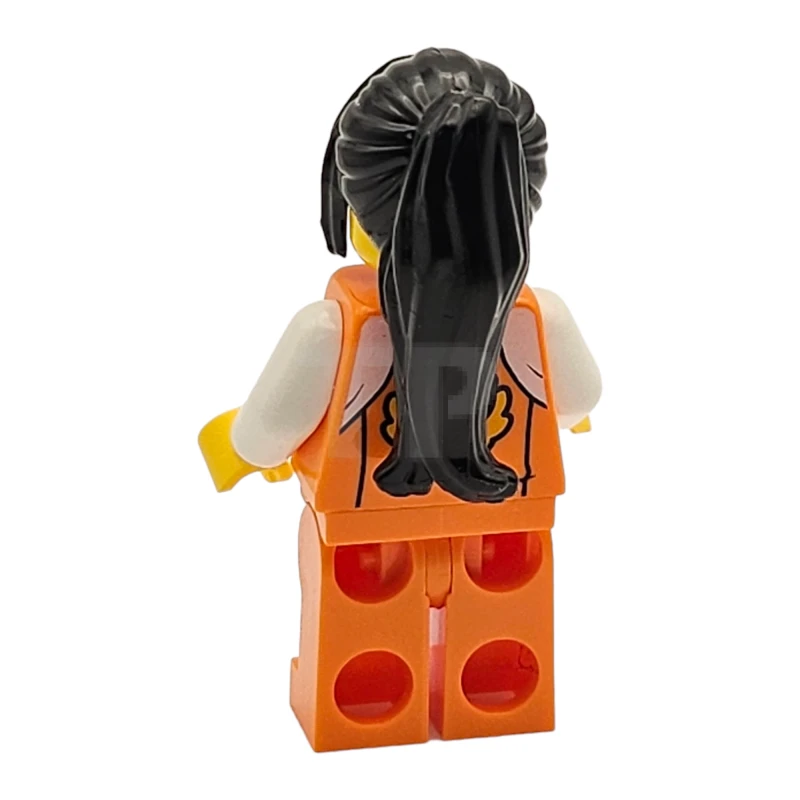 LEGO&reg; hol266 Vrouw, oranje trainingspak, lang zwart haar